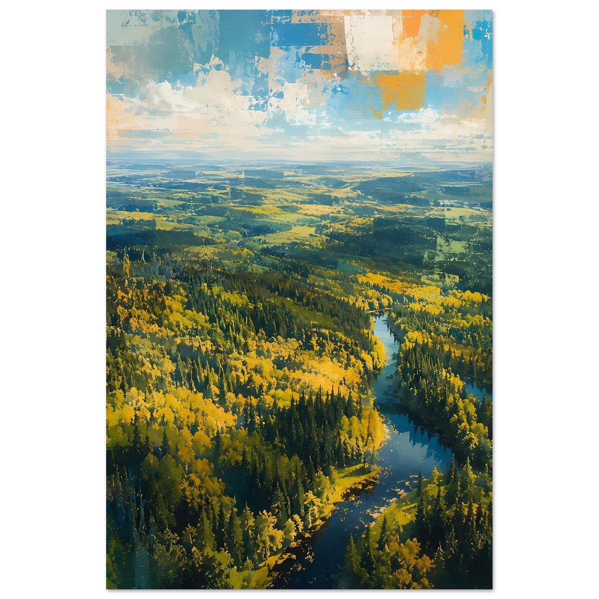 Hochformat-Poster mit Herbstwald und Flusslauf durch eine weite Landschaft