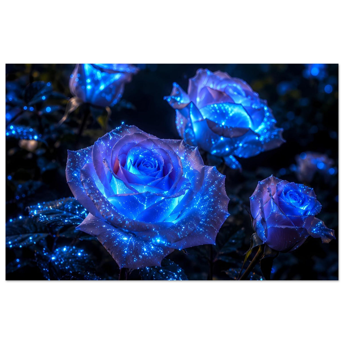 Querformatiges Rosenposter: blaue Rosen mit glitzernder Sternenlicht-Optik