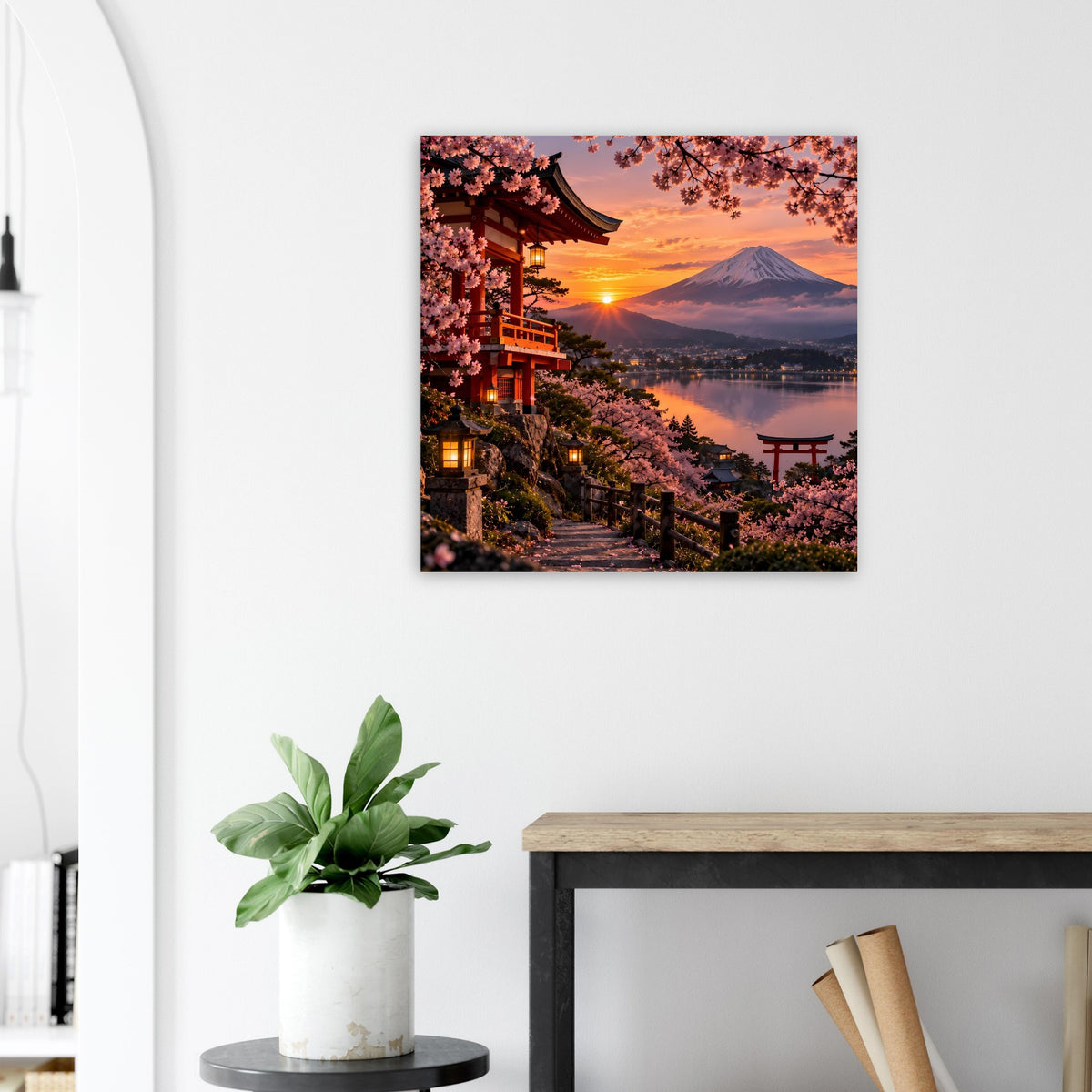 Wandposter mit Kirschblüten, Pagode und Berg im Sonnenuntergang