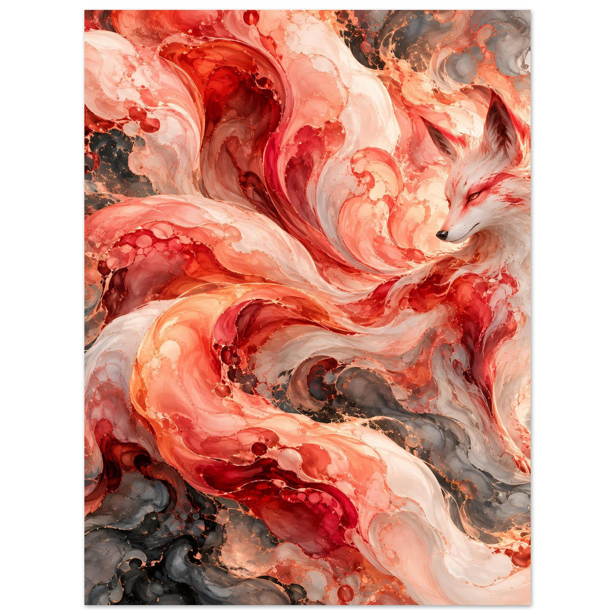 Poster im Hochformat mit Fuchs-Motiv aus abstrakten Wirbeln in Rot, Orange, Creme und Grau.