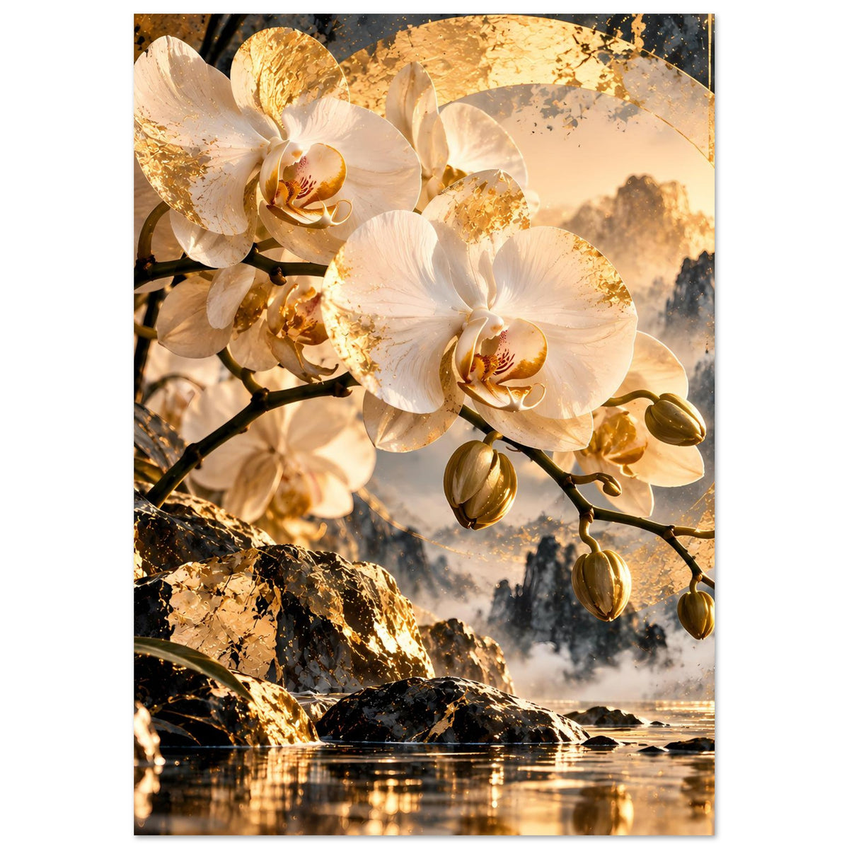 Orchideenposter mit goldenen Orchideenknospen, großen weißen Blüten und felsigem Ufer