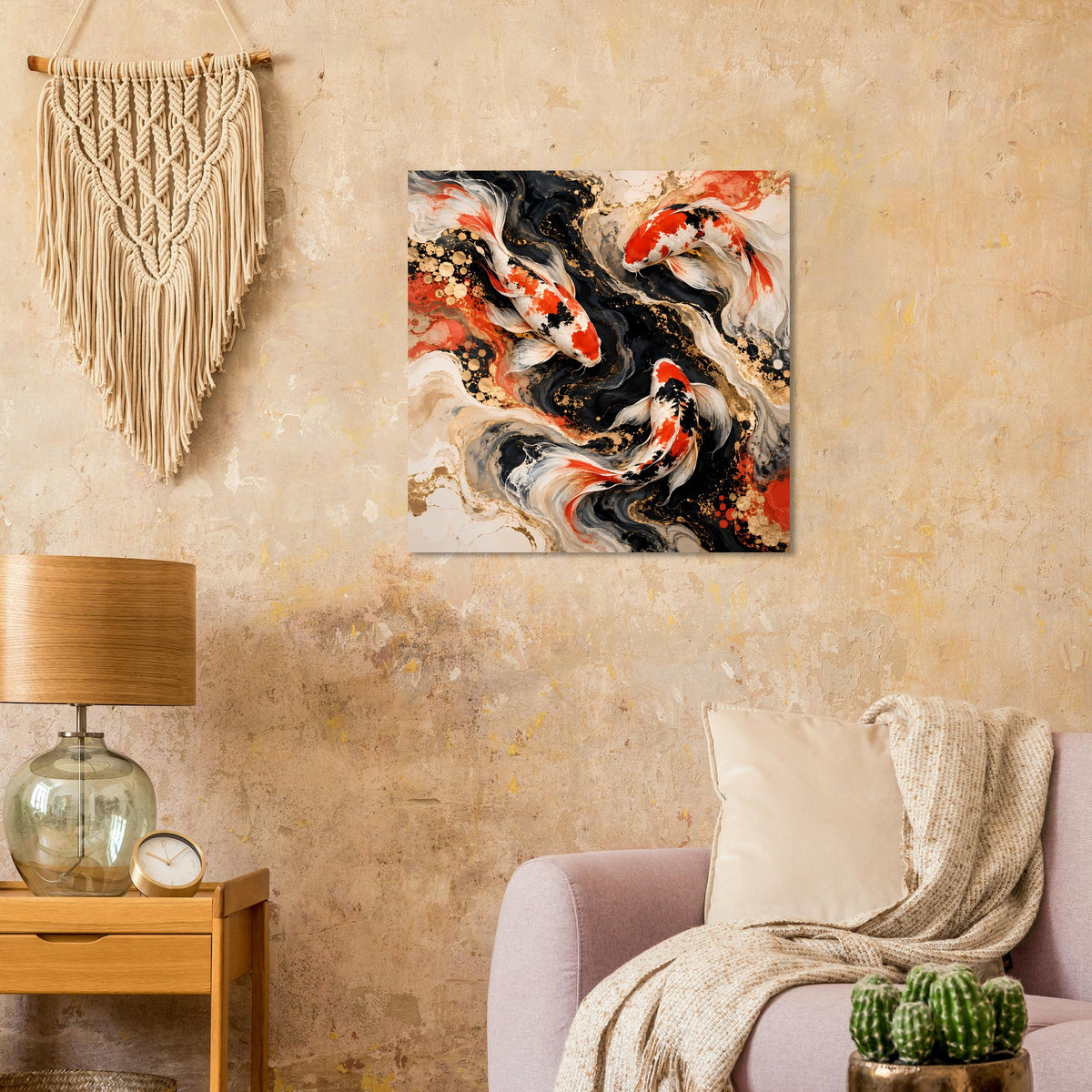 Quadratisches Wandkunst-Poster mit Koi-Fischen, schwarz-weiß mit roten Akzenten