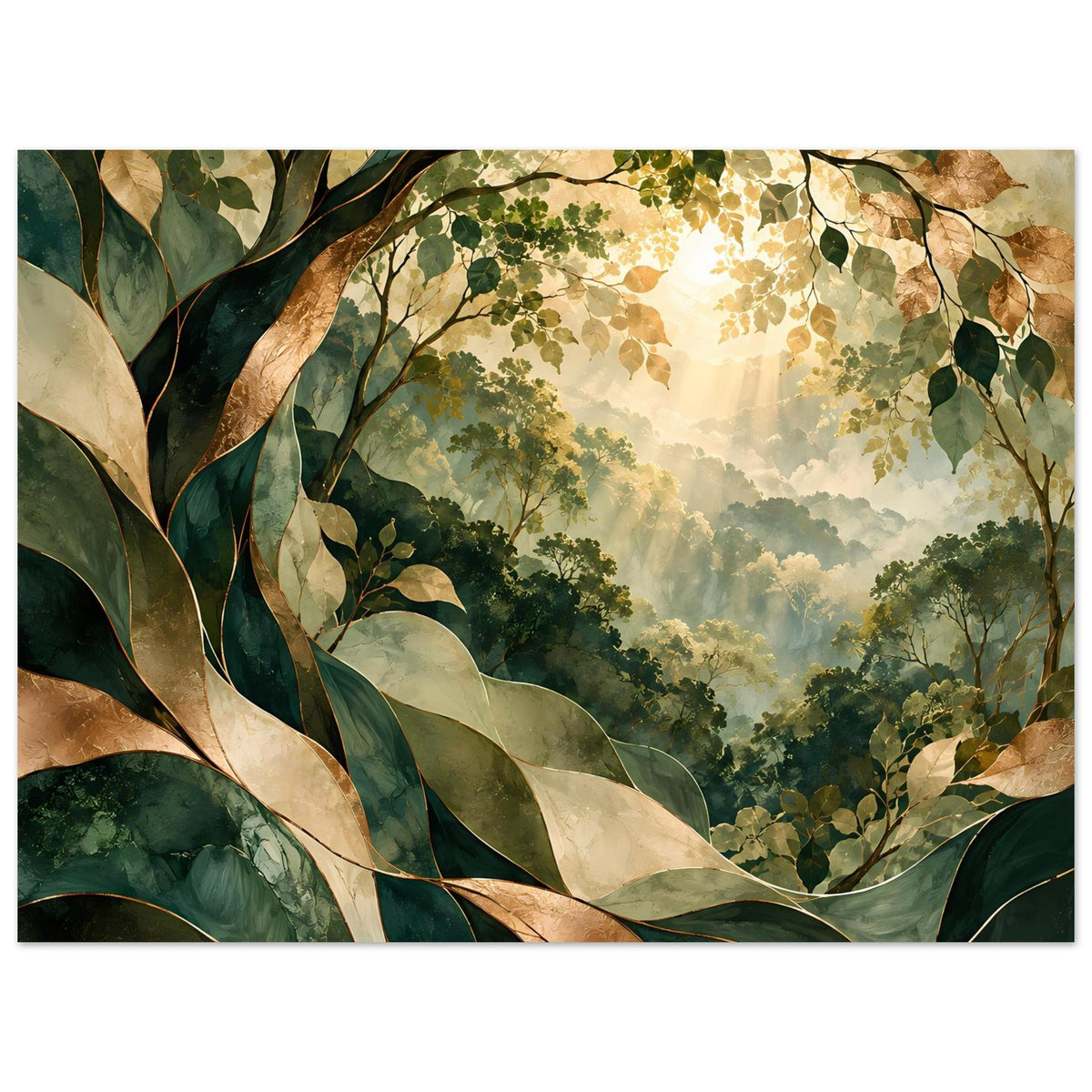 Horizontales Naturposter mit üppigem Blattwerk in Grün und Gold, Sonnenfokus