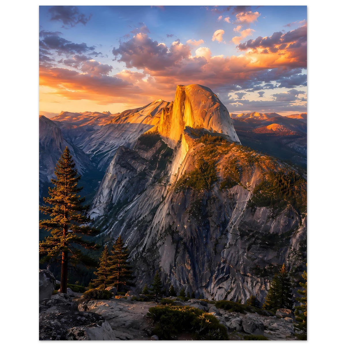 Poster mit Berglandschaft im Abendlicht, leuchtender Felsgrat und dunkle Felsen