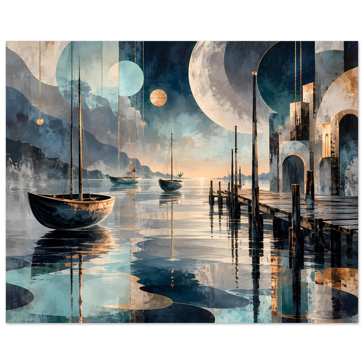 Maritimes Nachtposter: Segelboot links, Steg rechts, Wasserreflexion, großer Mond und Sterne