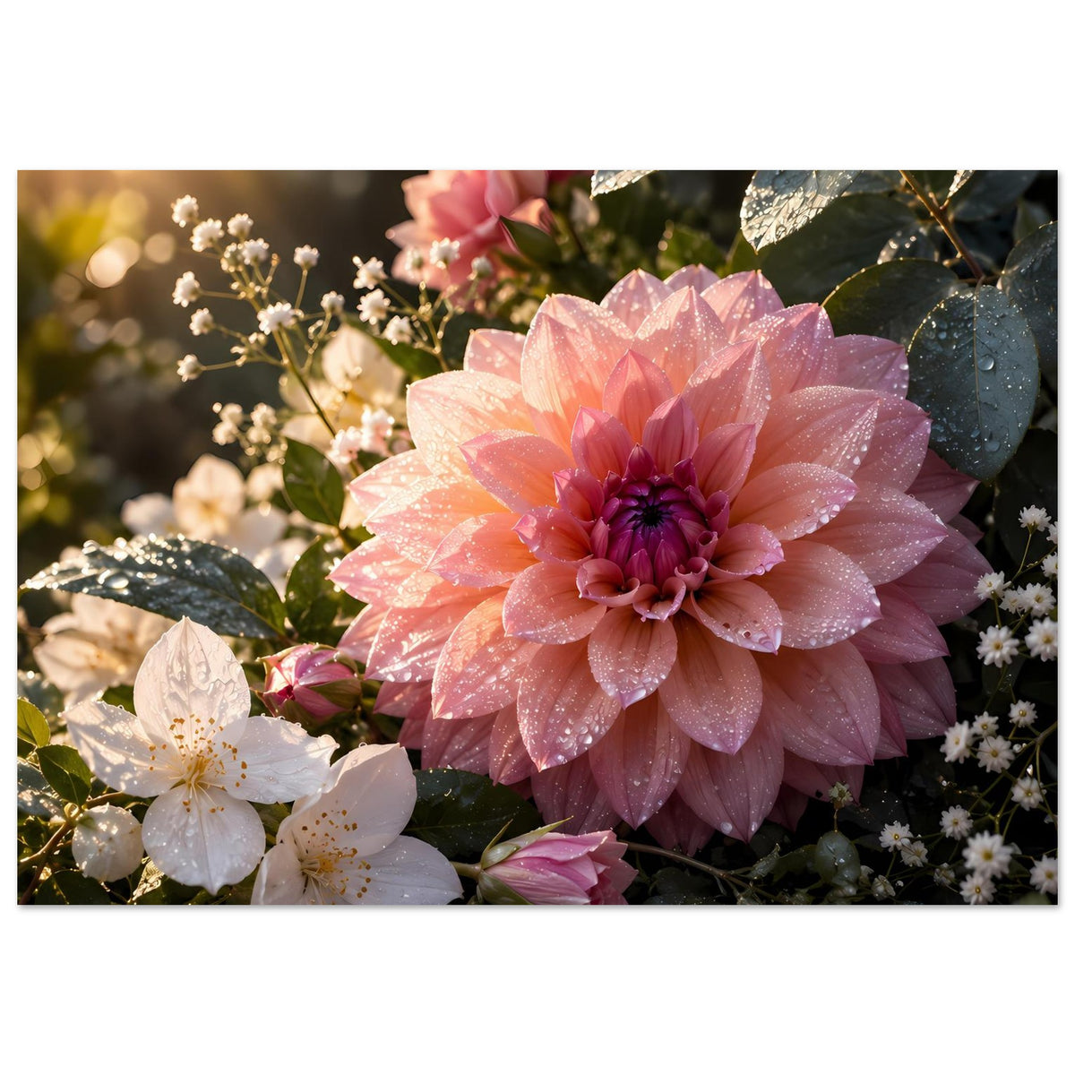 Blumenposter mit großer rosafarbener Dahlie, weißen Blüten und grünen Blättern