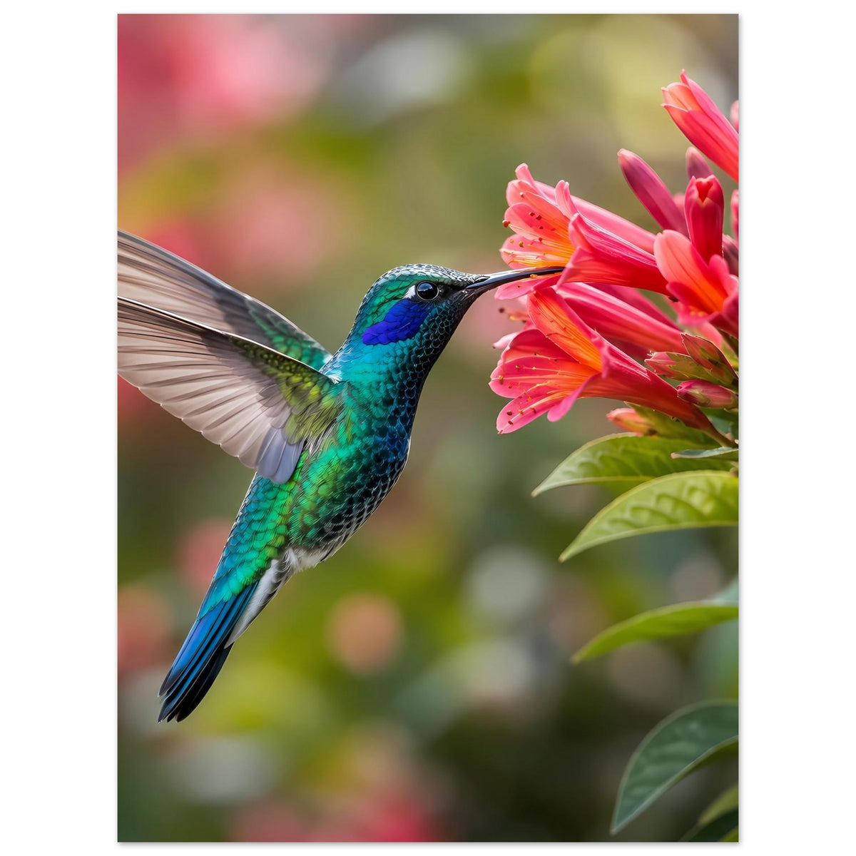 Naturposter: Kolibri türkisgrünblau zwischen rosa Blüten, große Flügel sichtbar