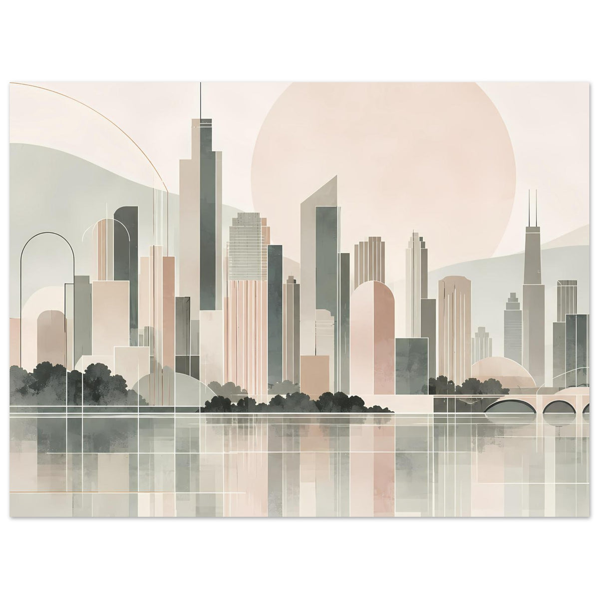 Stadtposter: Skyline im Pastell mit Sonnenscheibe, Wasserreflexion und Brückenbogen