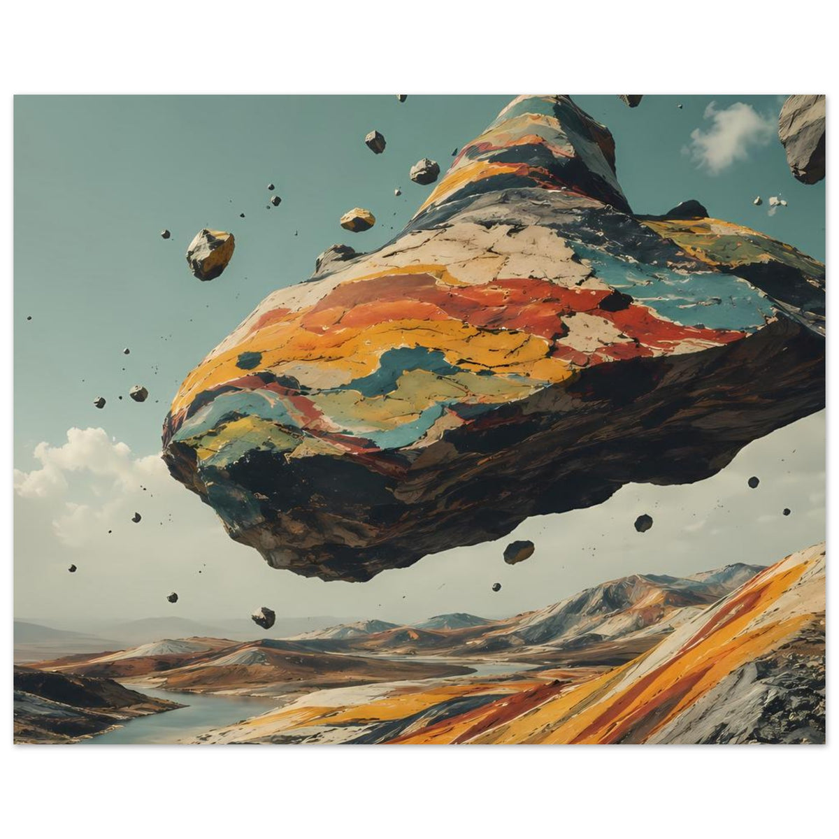 Wandposter im Querformat mit schwebendem Berg, farbigen Gesteinsschichten und Brocken