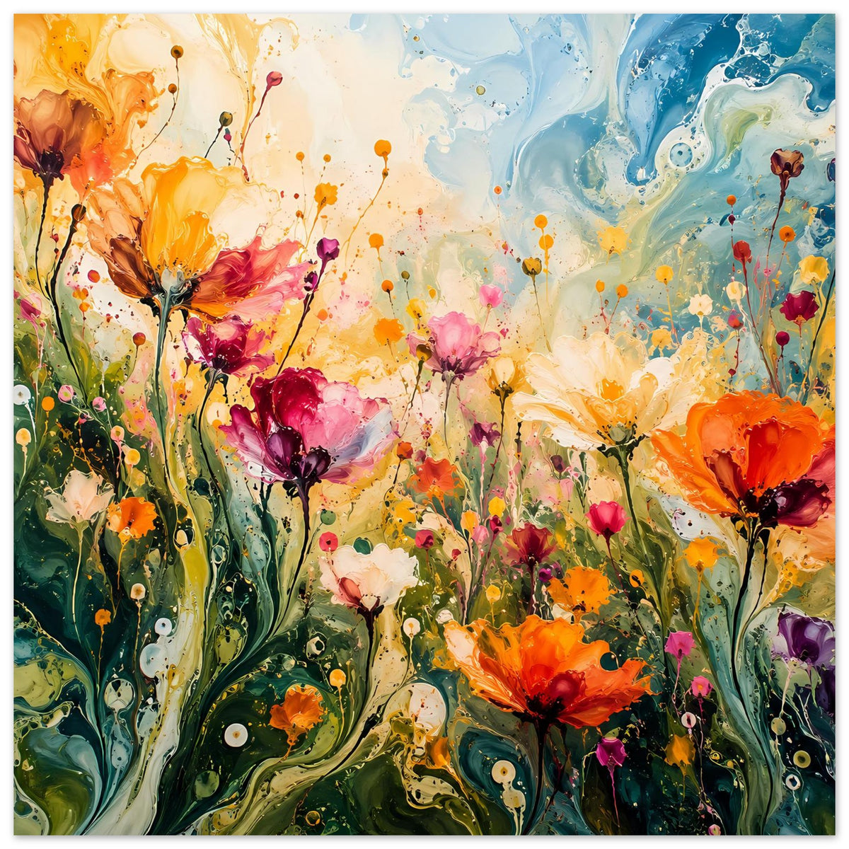 Abstraktes Blumenposter im Hochformat mit bunten Blüten, Spritzern und verspielten Linien