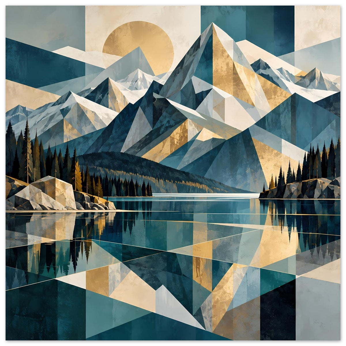 Kunstposter mit geometrischer Berglandschaft, Tannen, See-Reflexion und Sonnenkreis in Blau/Beige