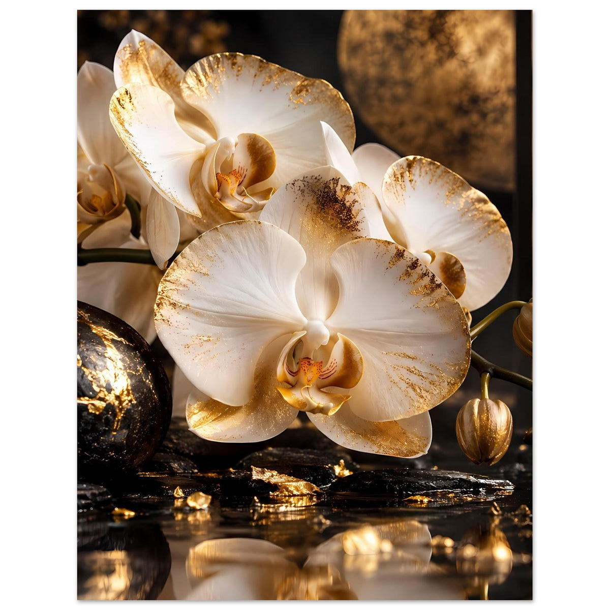 Poster mit weißen Orchideenblüten mit goldenen Sprenkeln auf dunkler Stein-Optik