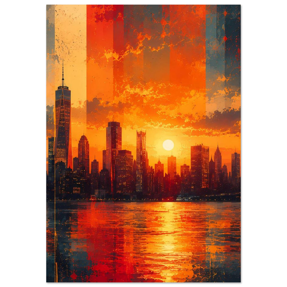 Vertikales Poster: Stadtansicht bei Sonnenuntergang mit heller Sonne und spiegelndem Wasser, gerahmt