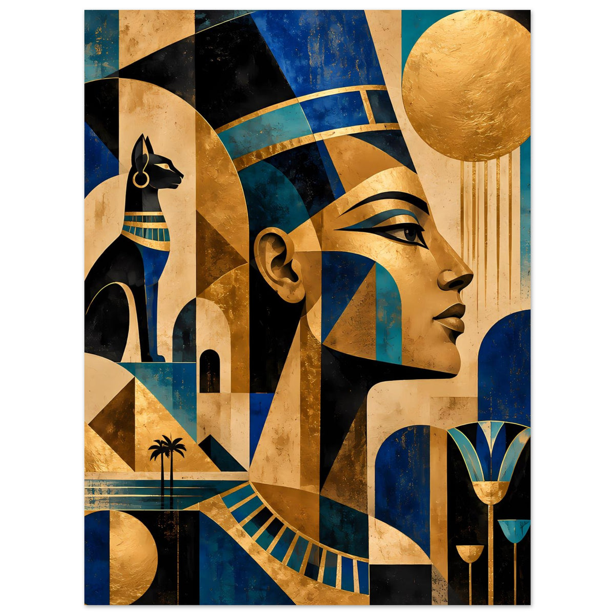 Ägyptisches Wandposter mit Pharao-Profil, Goldkreis und blauen geometrischen Mustern.