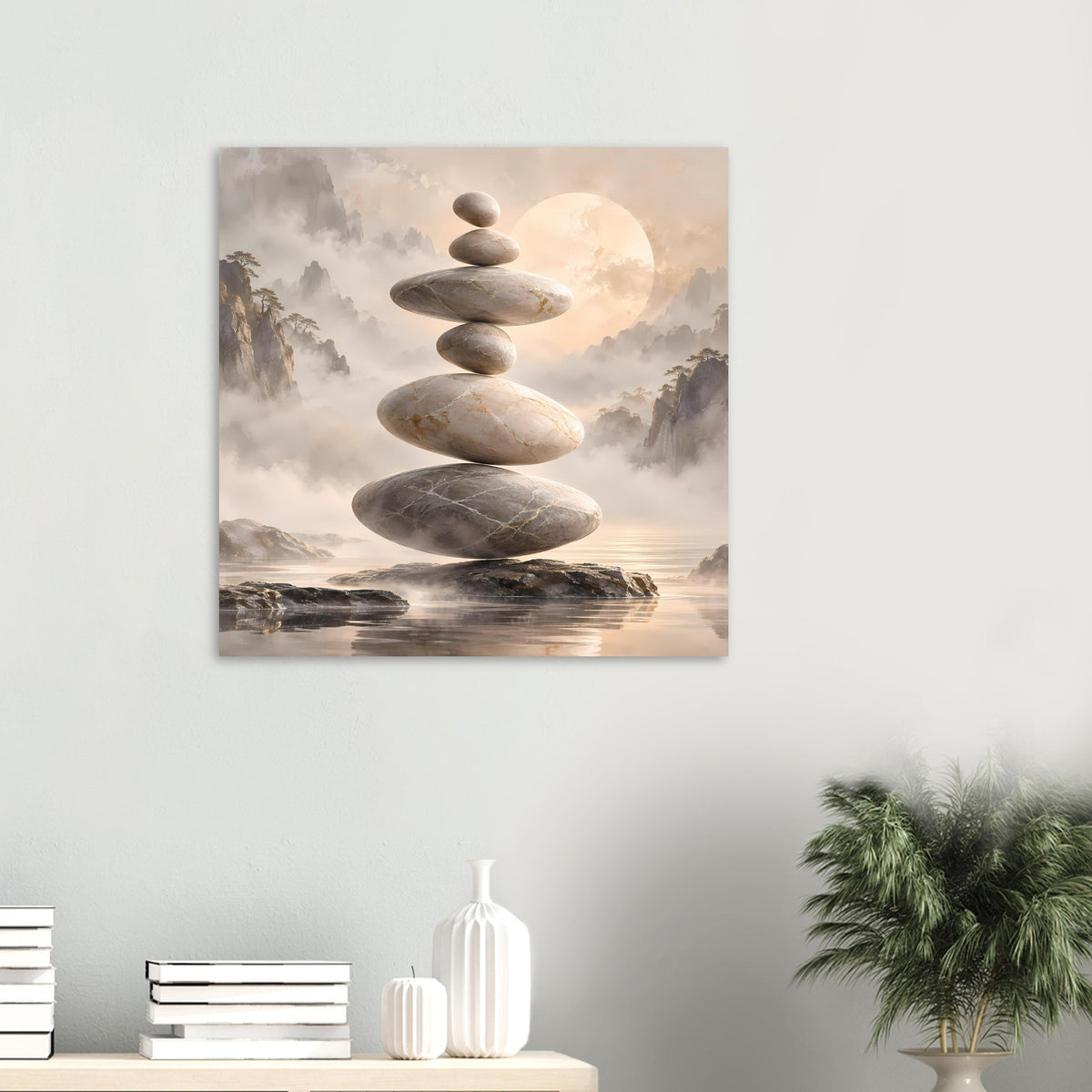 Zen-Steine in Balance vor nebligem Hintergrund in sanften Beige- und Grautönen – Posteransicht 50