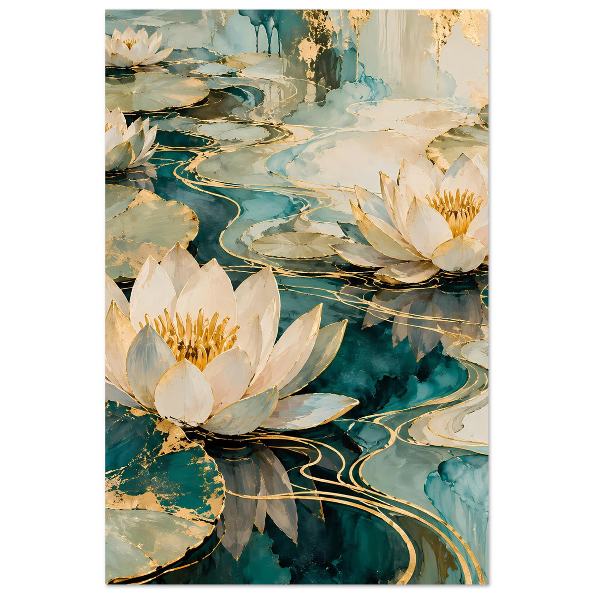 Vertikales Lotus-Wandposter: weiße Seerosen, goldene Akzente, türkis-blaue Flusslinien