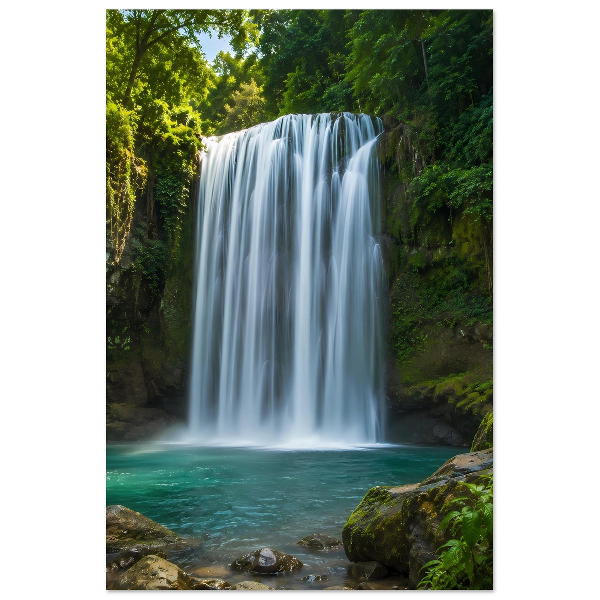 Poster mit Wasserfall und dichtem Grün, türkisgrünes Wasserbecken und Felsen, vertikal