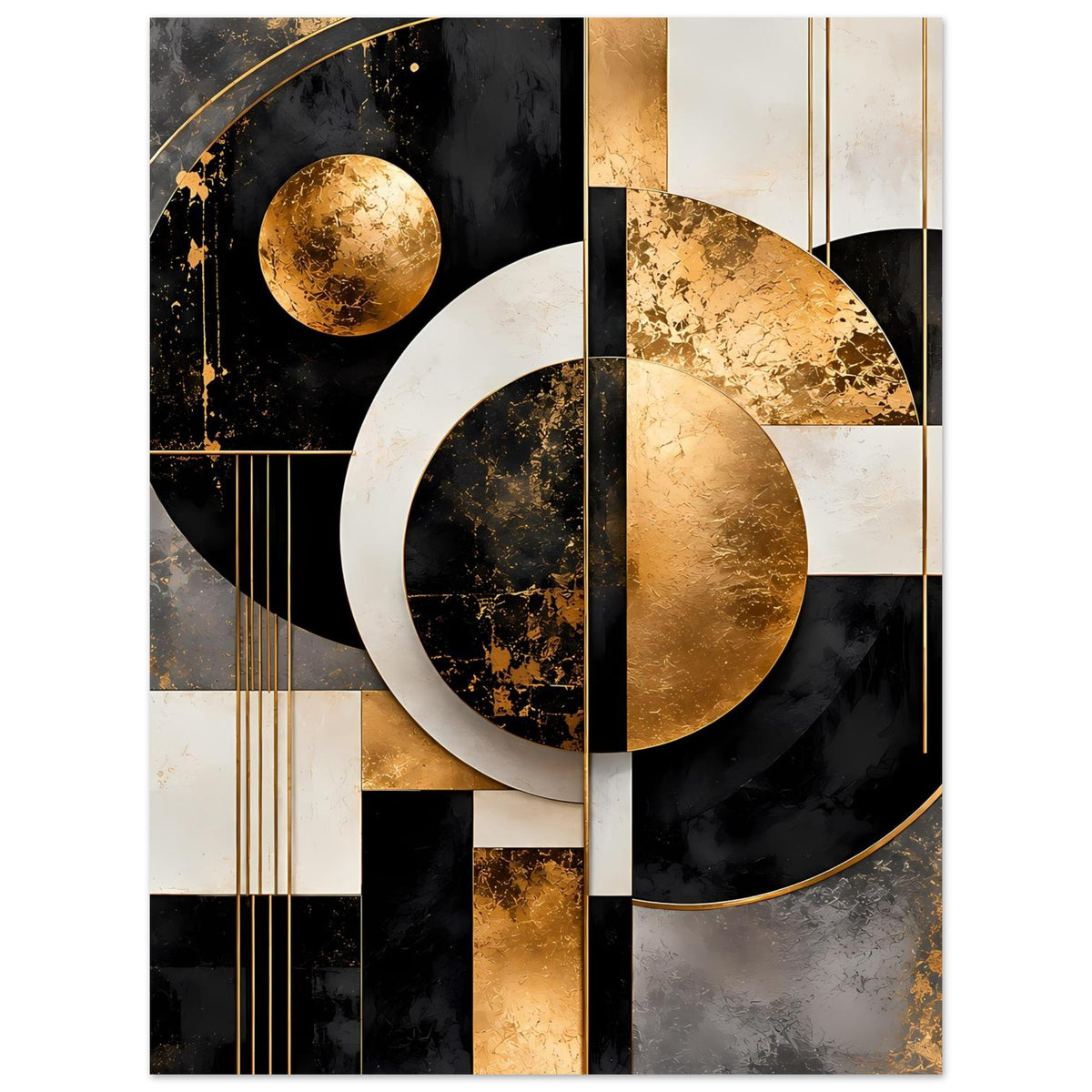 Poster mit mittlerem goldschimmerndem Kreis, weißen Flächen und schwarzem Muster