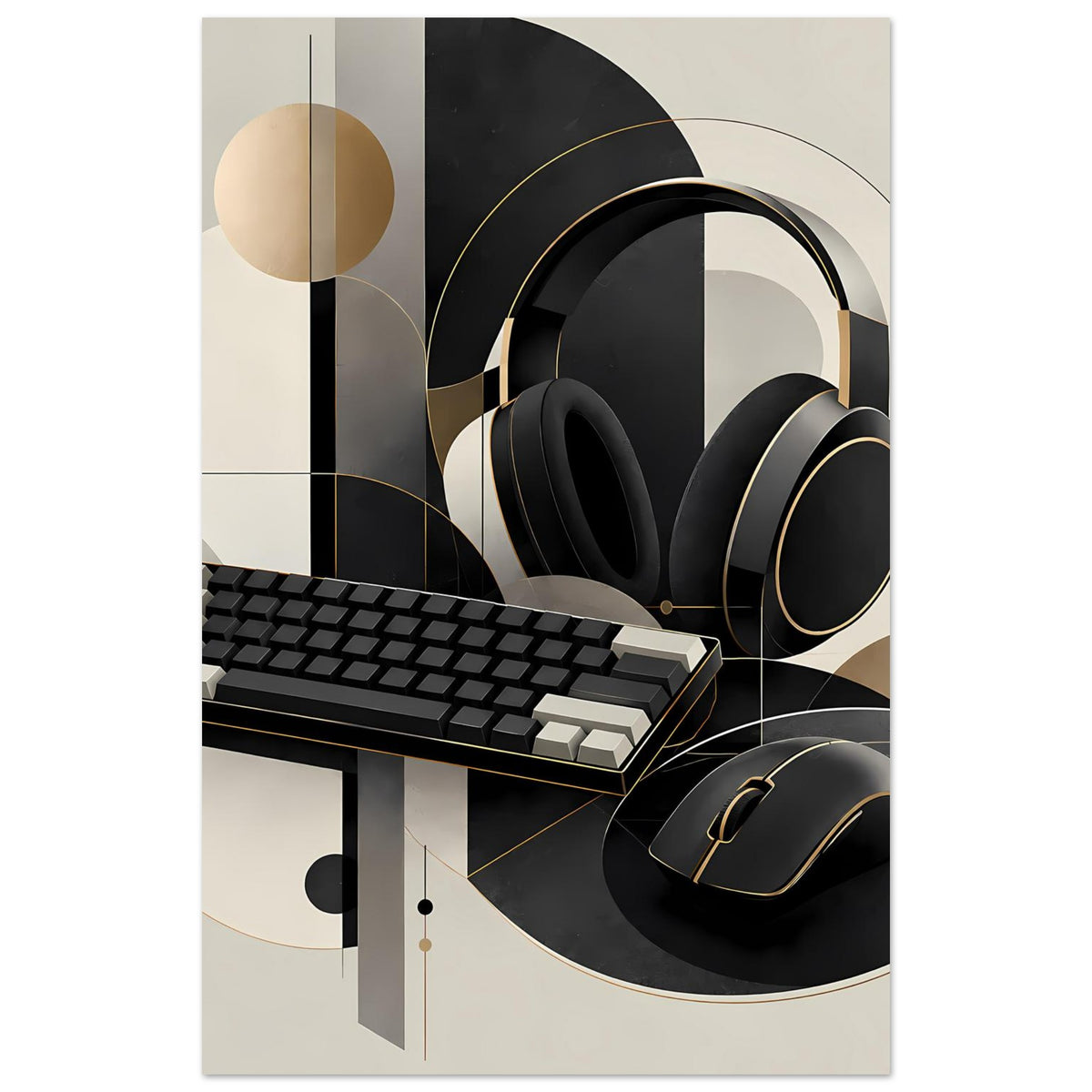 Gaming-Poster: Headset und Tastatur im Vordergrund, geometrische Schwarz-Gold-Creme-Formen