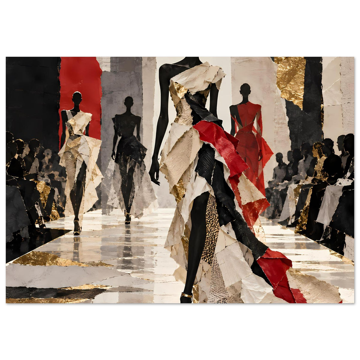Modeposter mit Laufsteg-Motiv: schwarze Figuren, rote Akzente, goldene Hintergründe