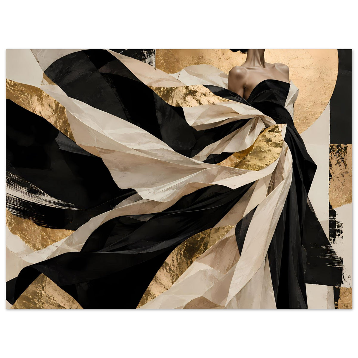 Kunstposter, Querformat: Frau im schwarzen Kleid mit welligen schwarzen und gold-creme Linien