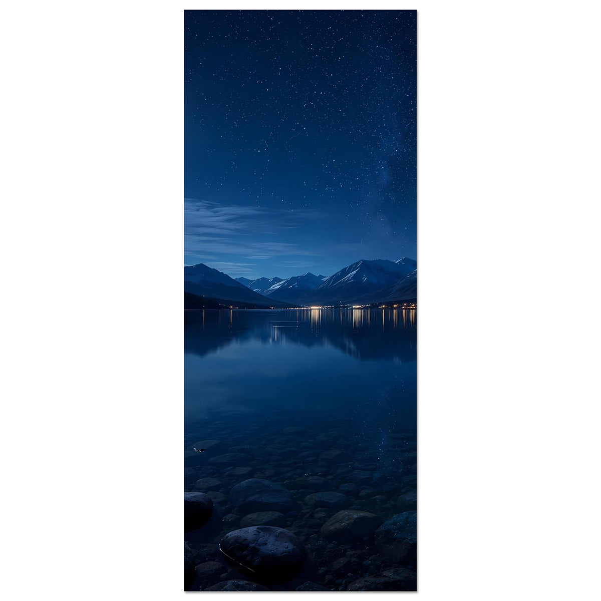 Vertikales Poster mit Mond am Sternenhimmel und Bergsee-Spiegelung.