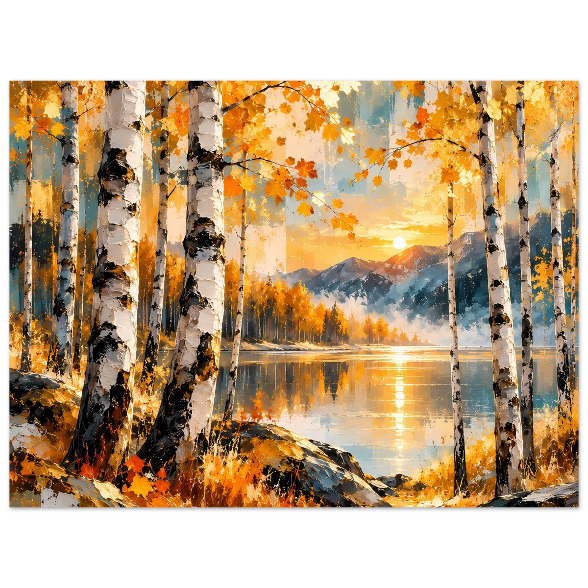 Herbstsonne-Poster, große Ansicht: Birken, orangefarbenes Laub, reflektierender See, Sonne