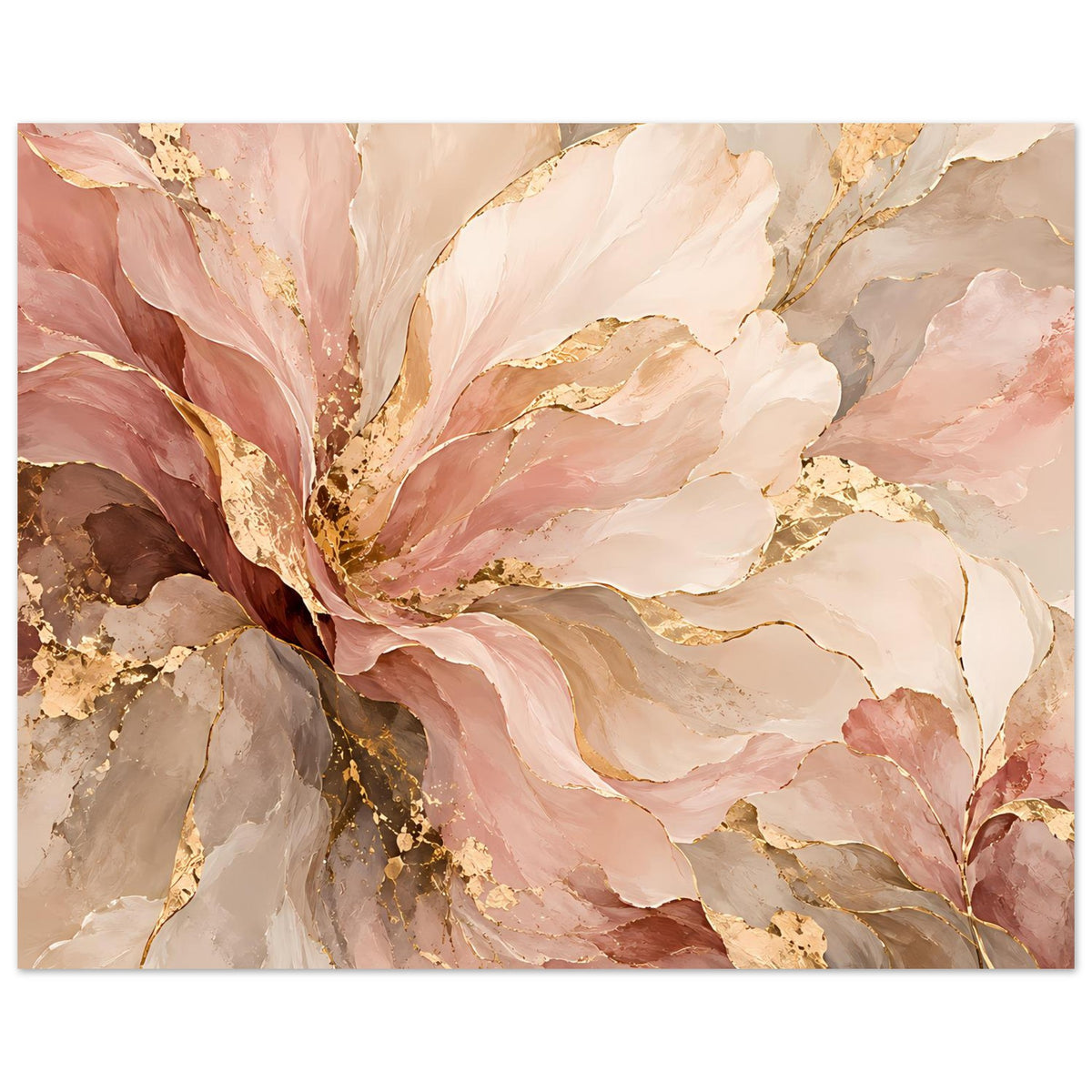 Floraler Kunstdruck mit roséfarbenen und goldenen Blüten auf mattem Premiumpapier