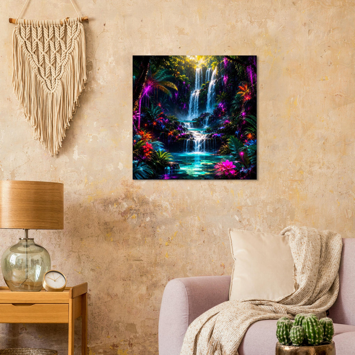 Quadratisches Neon-Poster mit Regenwald-Wasserfall und farbigen Pflanzen, schwarzer Rahmen