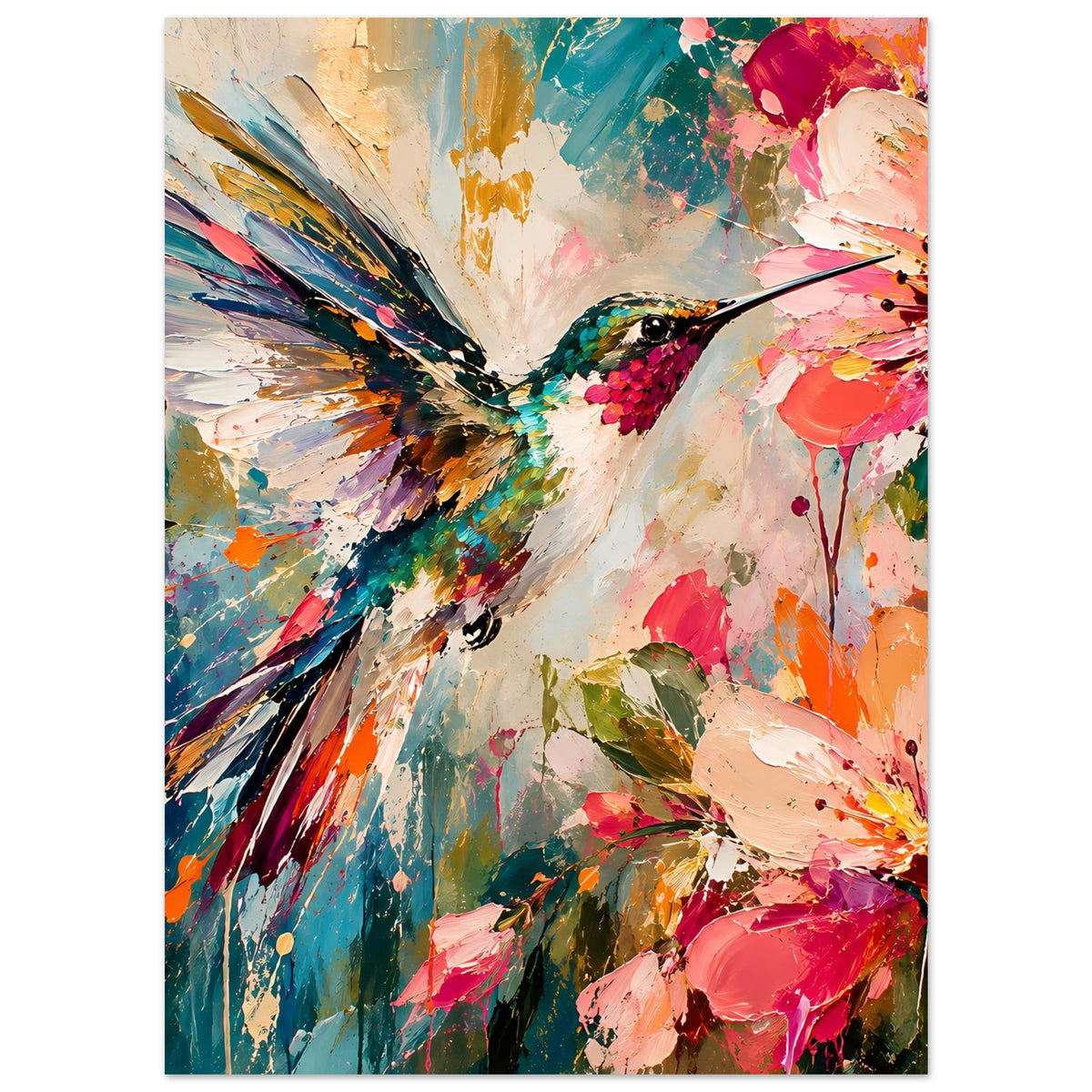 Poster im Hochformat mit Kolibri, Blumen und Spritzern in kräftigen Farben und Texturen