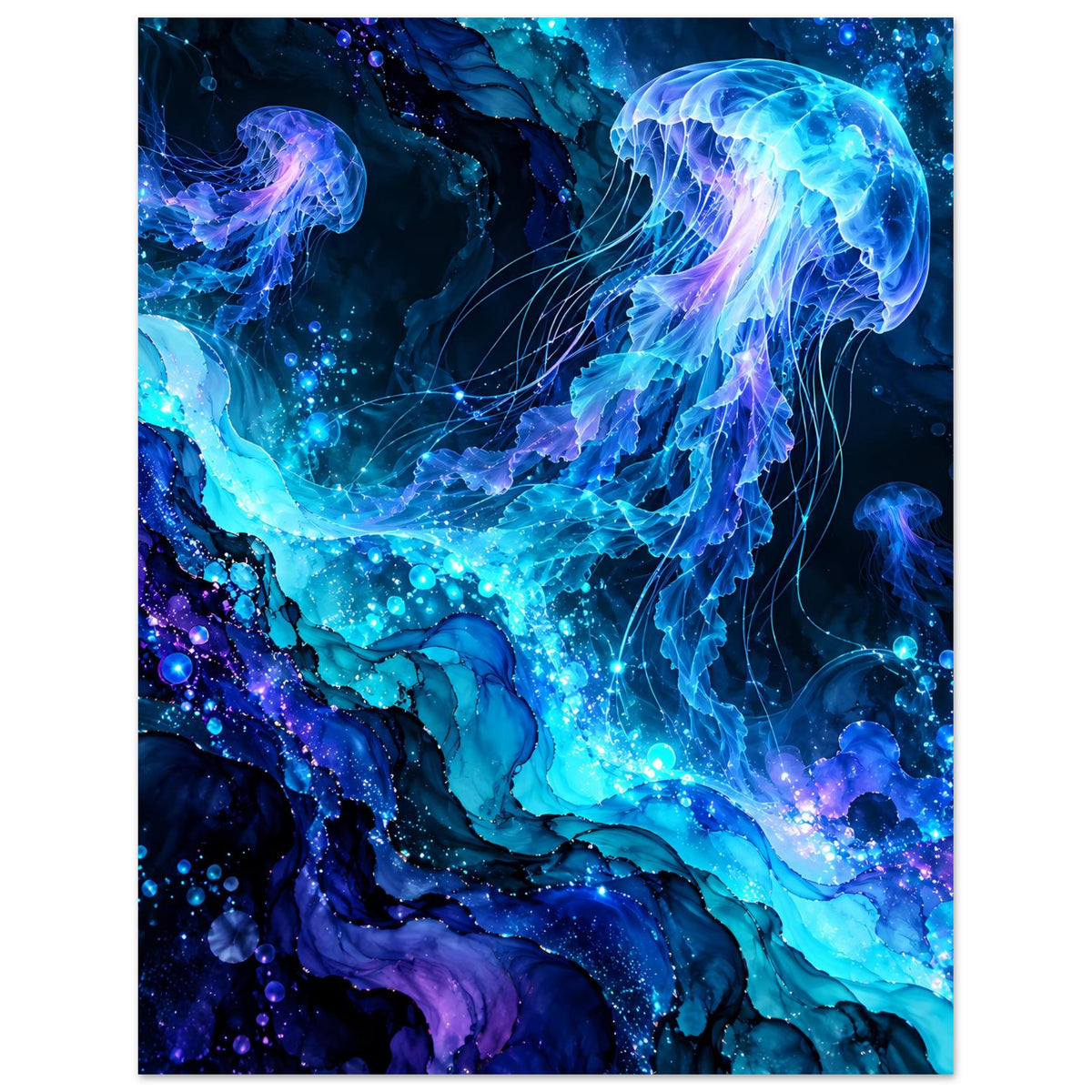 Leuchtendes Quallen-Poster mit detailreichen blauen Quallen, schillernden Blasen und violetten Akzenten