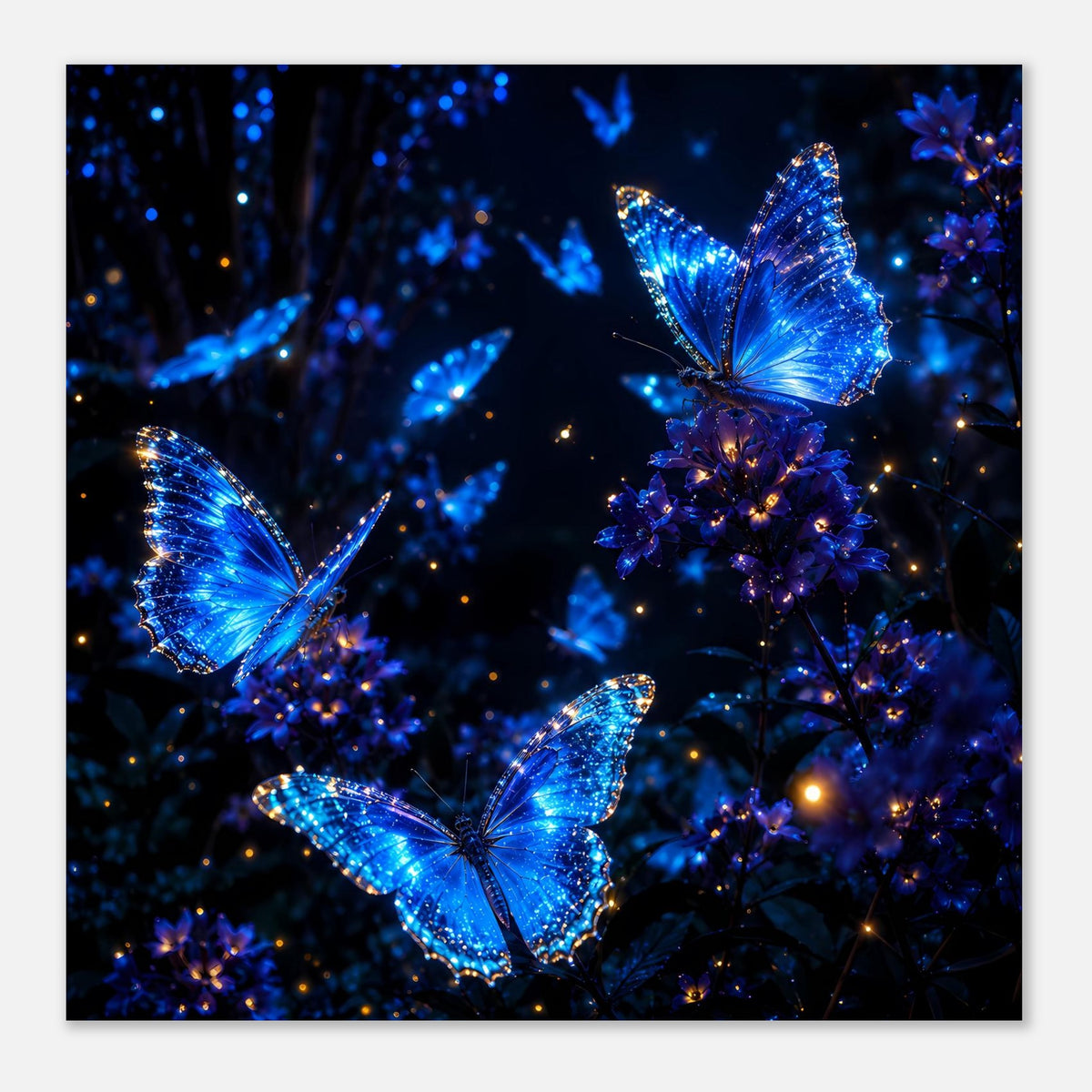 Leuchtendes Schmetterlingsposter: blaue Schmetterlinge, funkelnde Details und Lichtpunkte
