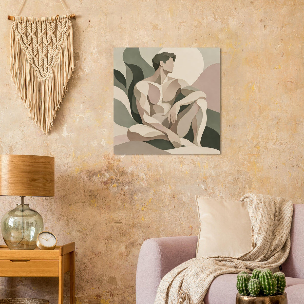 Quadratischer Kunstdruck mit abstrakter männlicher Figur in erdigen Tönen