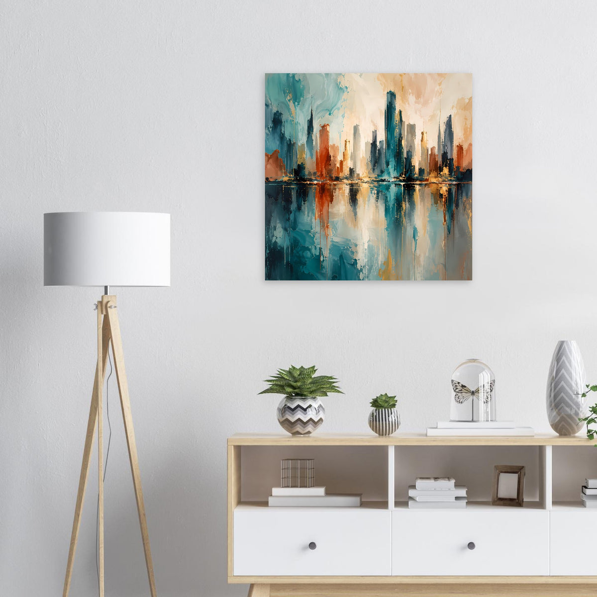 Kleines gerahmtes Skyline-Poster mit Stadtumrissen und Reflexion, Blau, Gold, Rost