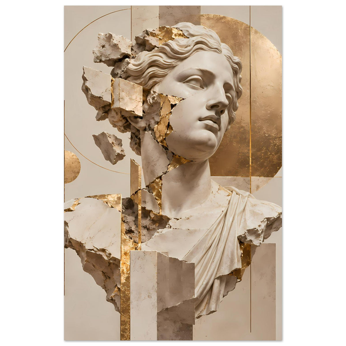 Kunstposter: fragmentiertes Büstengesicht mit goldenen Bruchstücken und geometrischen Linien
