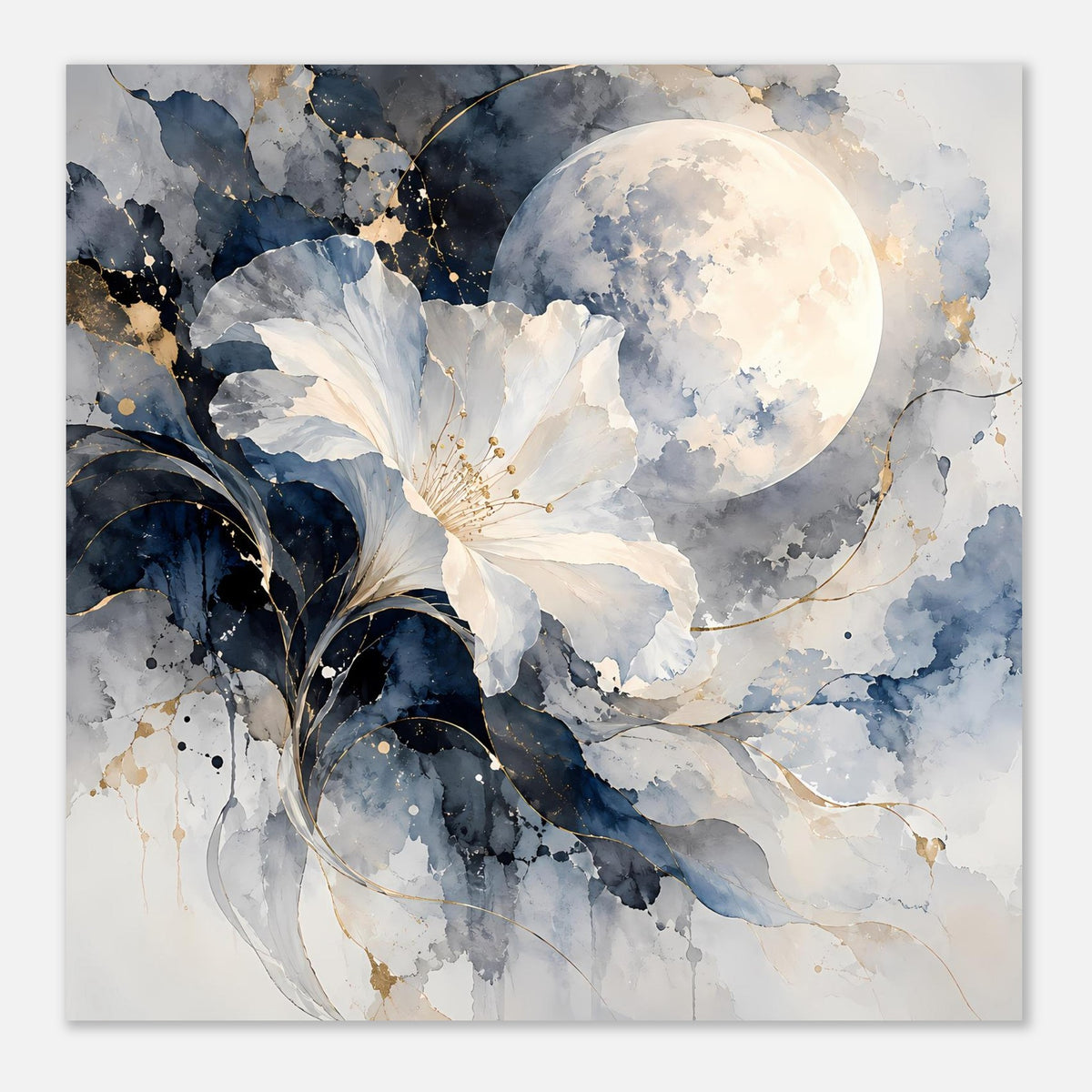 Nahansicht Poster mit Mondsichel, weißer Blüte und blau-grauen Aquarellflächen mit Goldlinien
