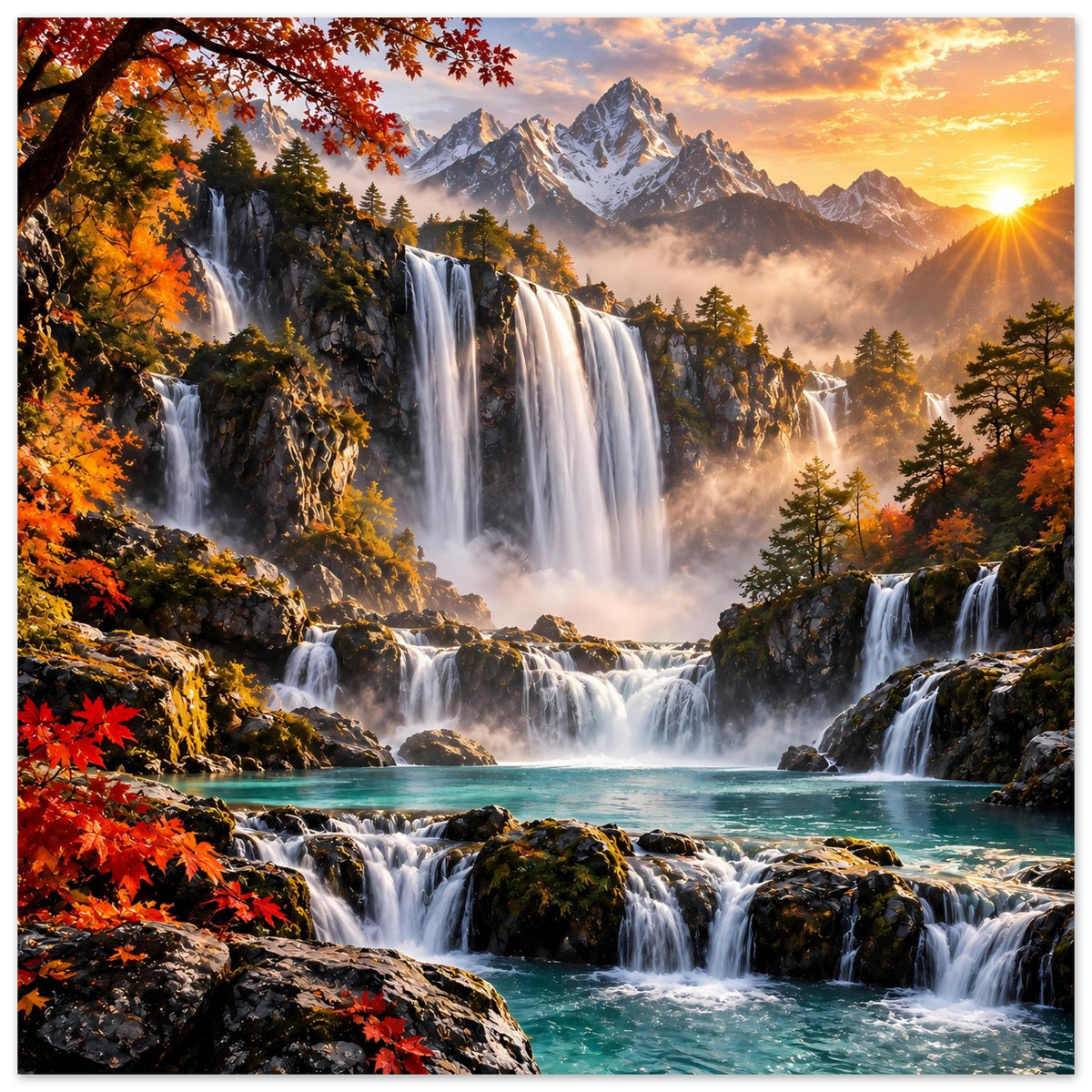 Poster mit Bergwasserfällen, Herbstlaub und goldener Sonne rechts im Hintergrund