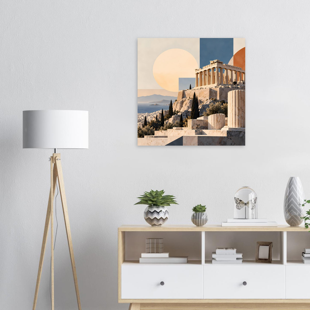 Quadratisches Poster mit Parthenon in warmen Erdtönen und gelbem Halbkreis