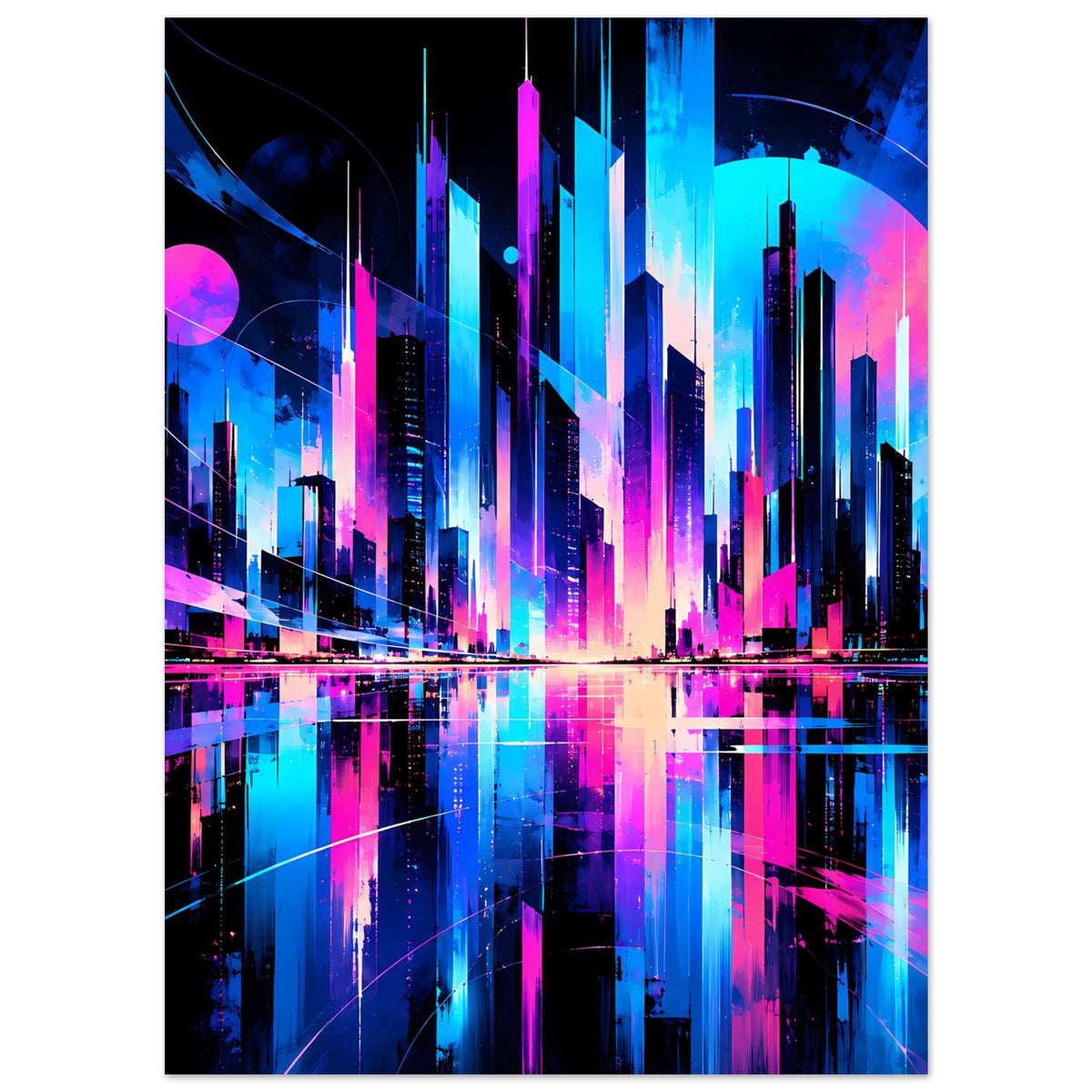 Neon-Stadtbild-Poster (Hochformat) mit leuchtender Stadtansicht und Spiegelung in Blau/Pink