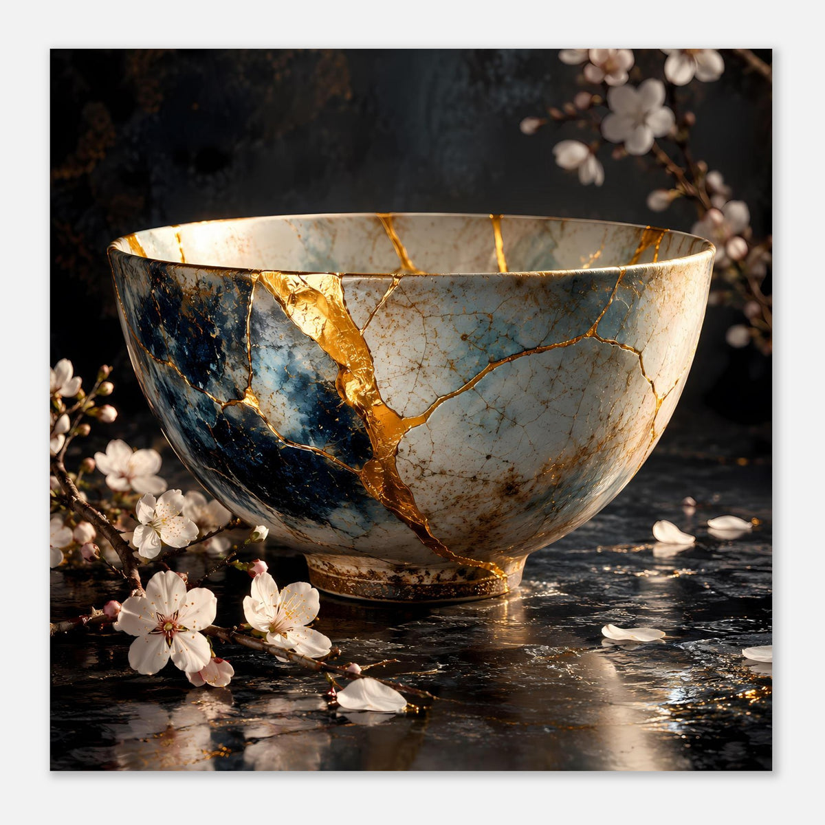 Kunstposter mit Kintsugi-Schale: goldene Bruchlinien auf hellem Grund und blauem Rand