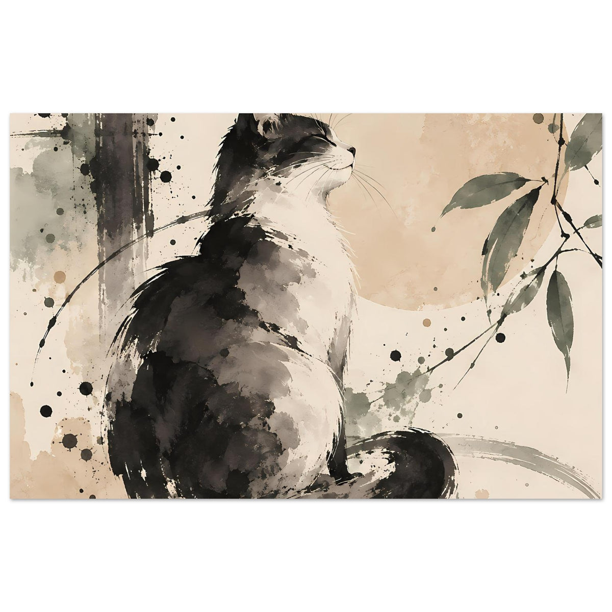 Poster mit sitzender Katze im Schwarzweiß-Aquarell, abstrakte Spritzer und Blattranken