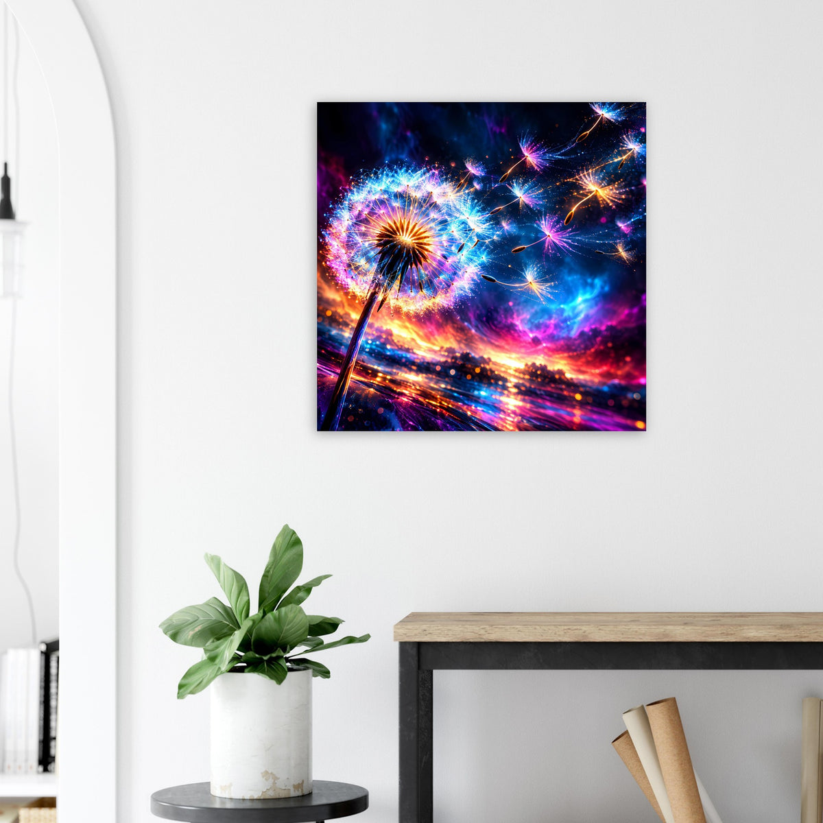 Quadratisches Wandposter mit Feuerwerk-Motiv in Neonfarben