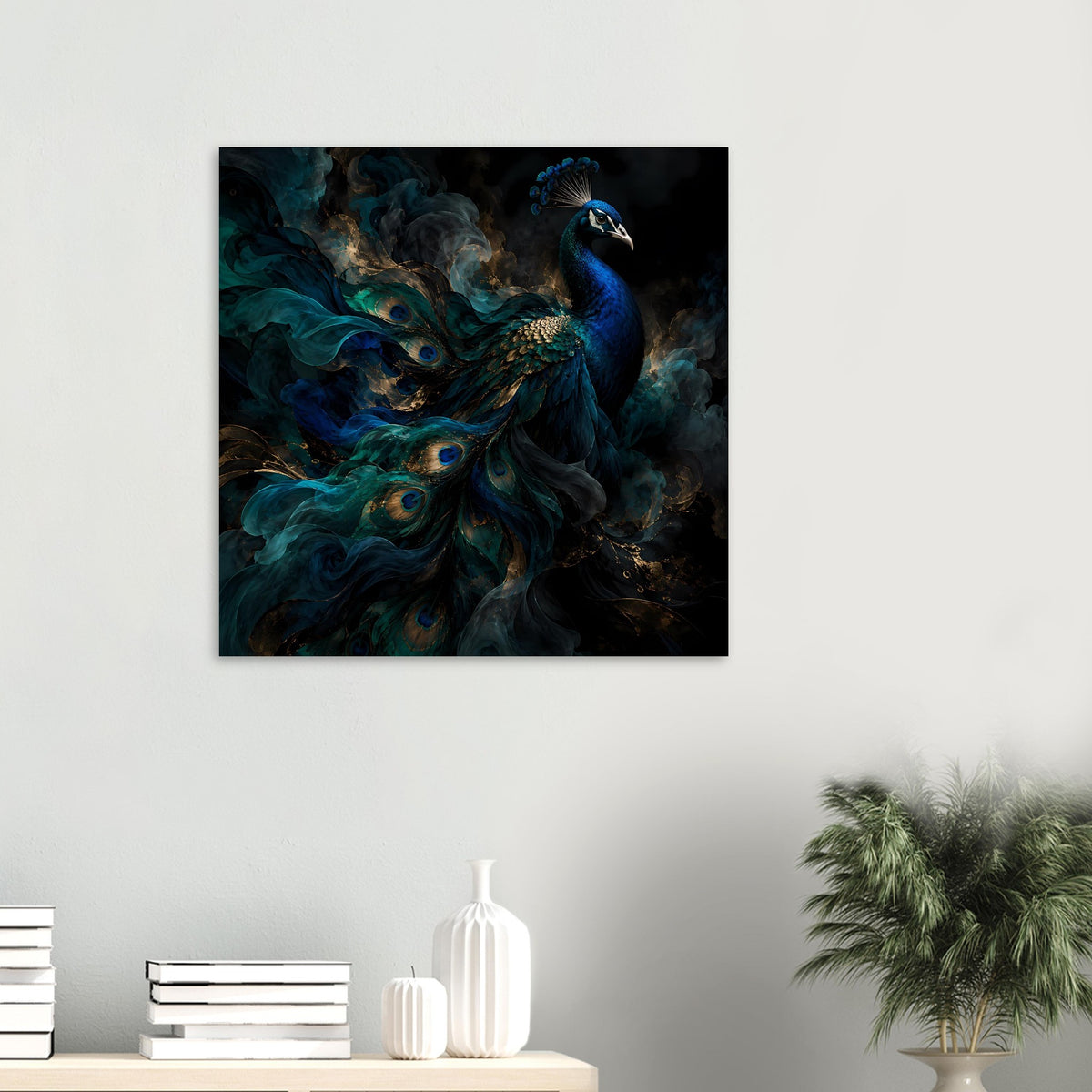 Wandposter mit Pfau im Blau-Grün-Federschweif, goldene Highlights