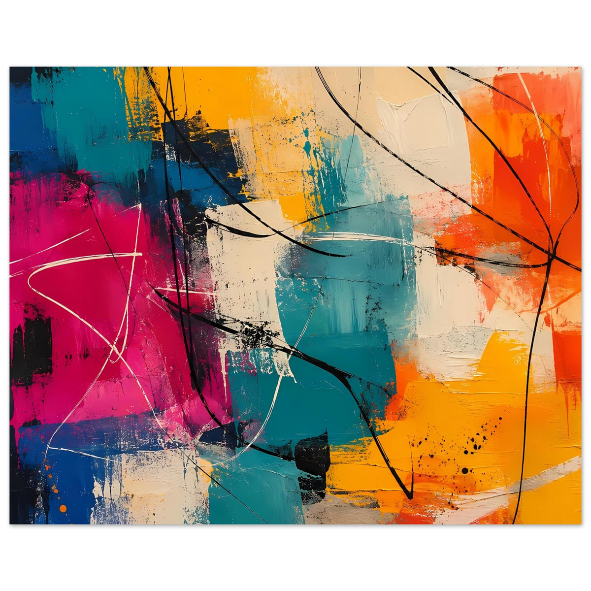 Abstraktes Kunstposter mit Blau-, Pink- und Orangetönen, schwarzen Linien und Spritzern, Querformat