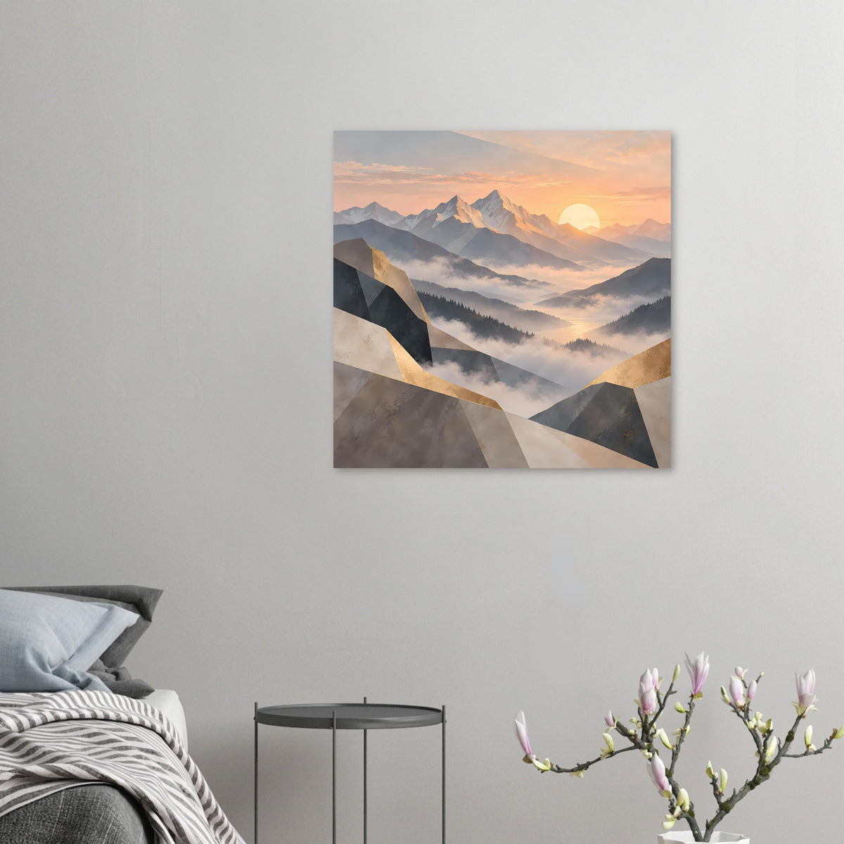 Kleines Wandposter mit Sonnenaufgang über einer Berglandschaft in Pastell und Goldakzenten