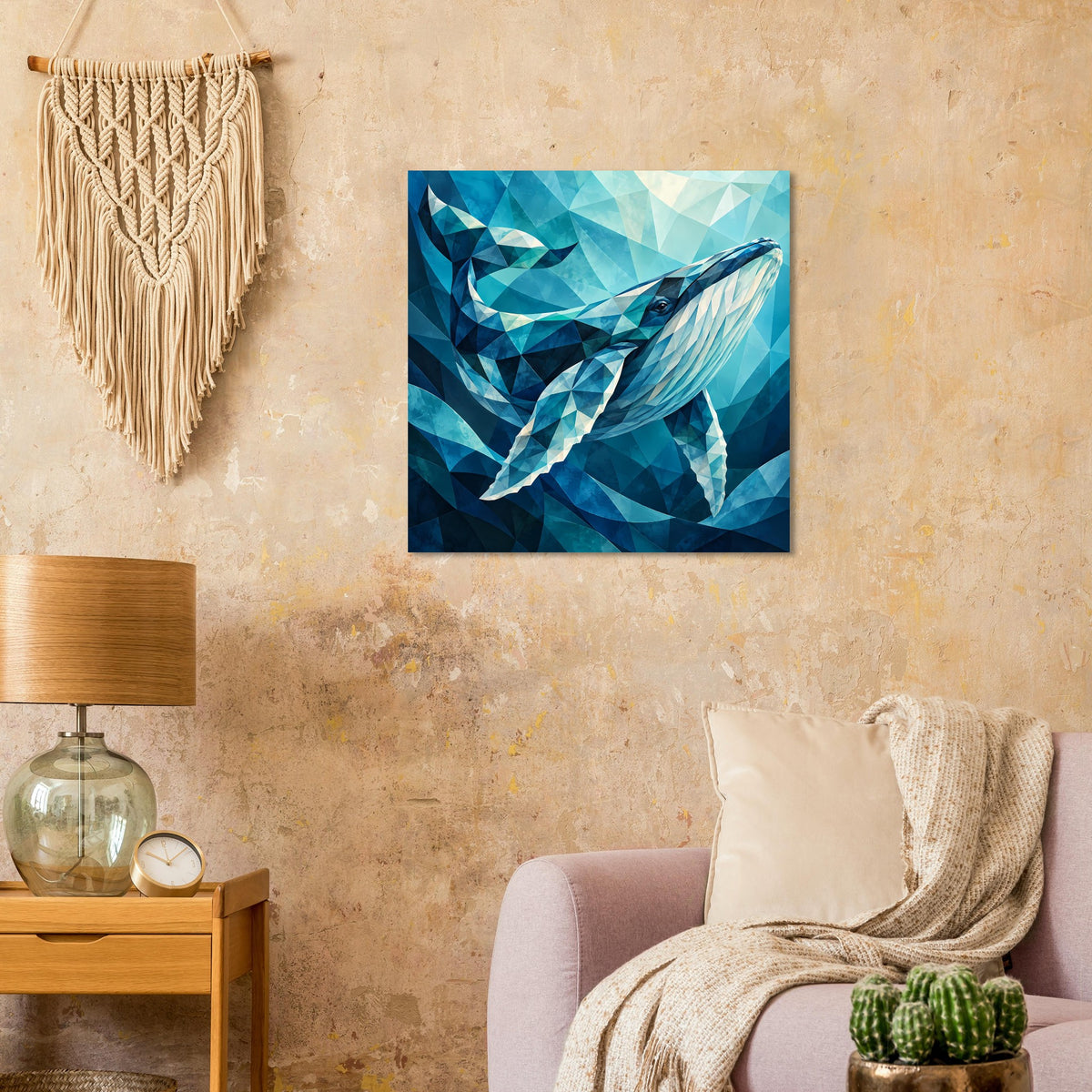 Quadratisches Wandposter mit geometrischem Blauwal in Aquamarin- und Blautönen