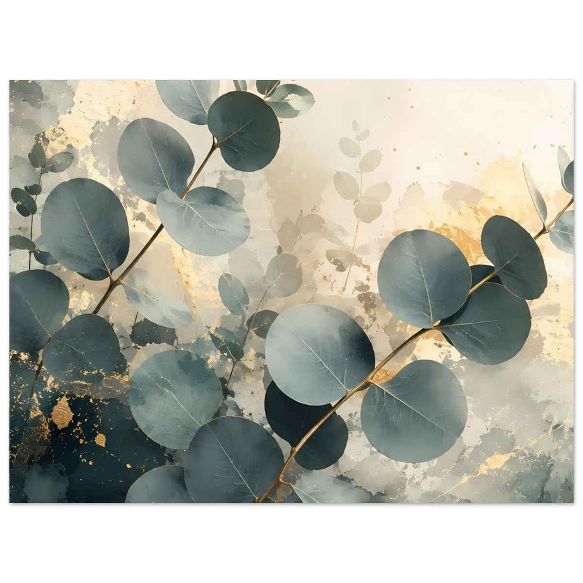 Elegantes Eukalyptus-Poster mit Goldakzenten, querformatig: Eukalyptuszweige mit goldenen Akzenten