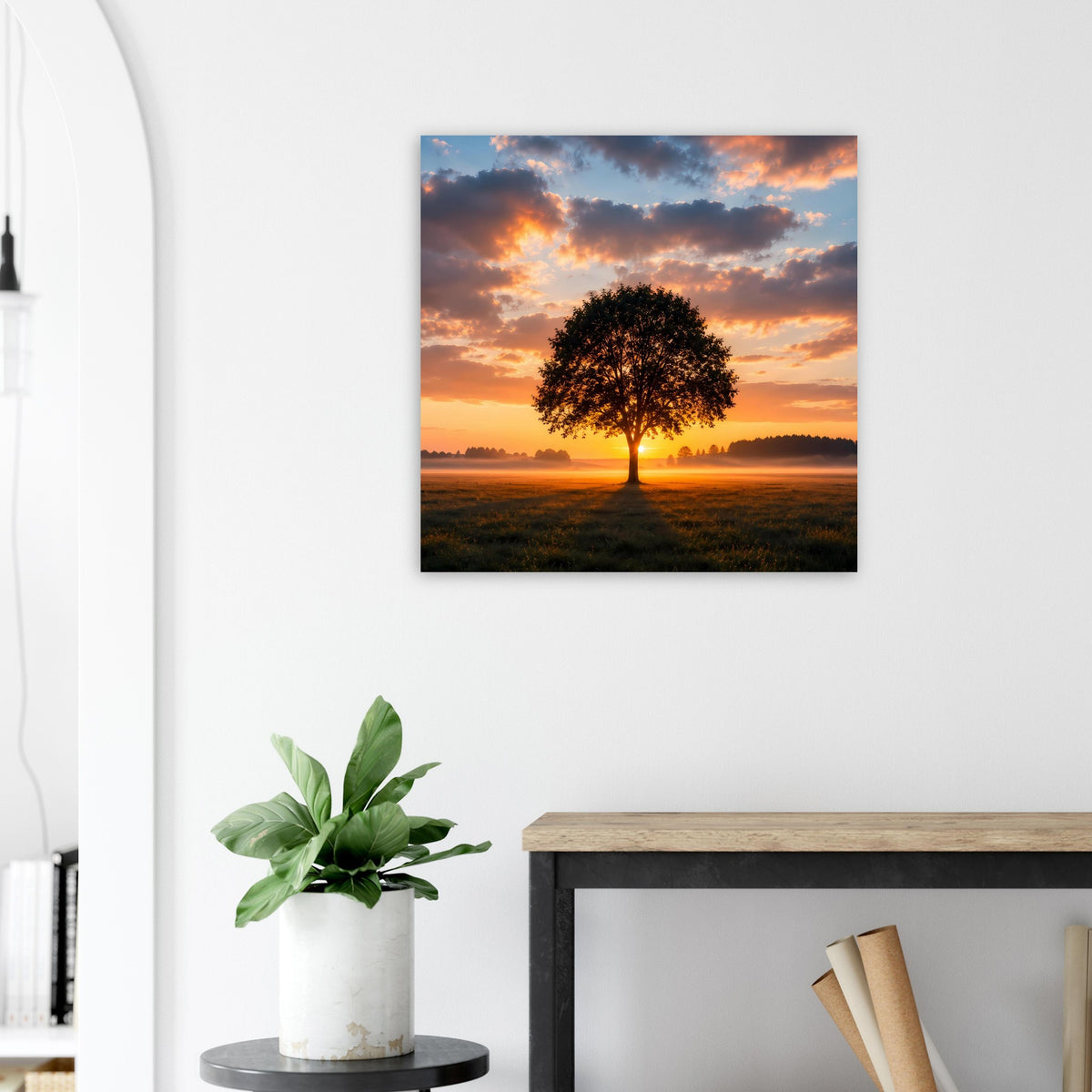 Quadratisches Poster mit Baum im Sonnenuntergang, an heller Wand aufgehängt