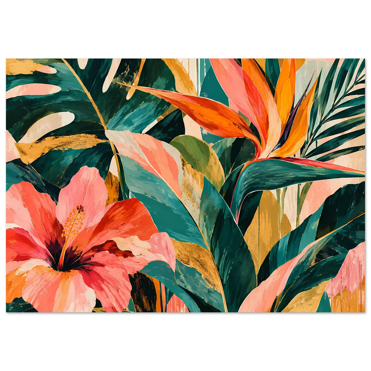 Florales Kunstposter mit kräftigen Tropenblumen und üppigen Blättern im farbintensiven Druck