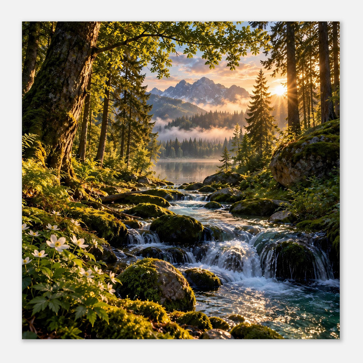 Wasserfall-Waldposter mit Bach zwischen Felsen, Kiefernwald, See im Hintergrund und Sonnenstrahlen.